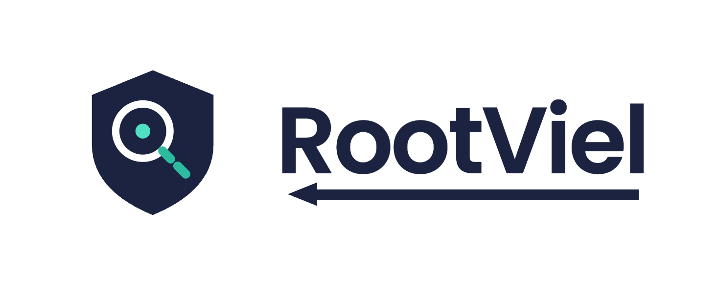 Logotipo RootViel. Escudo con lupa y wordmark